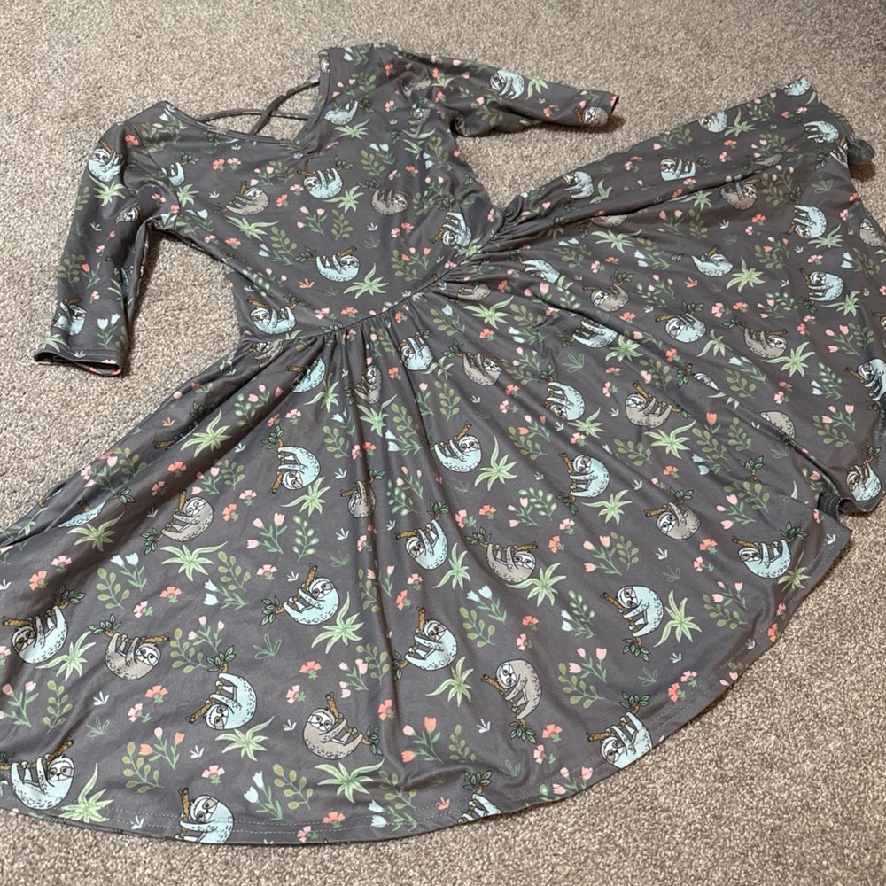 DotDotSmile Soft Gray Ballerina Dress with Sloth Print, Size 8/10